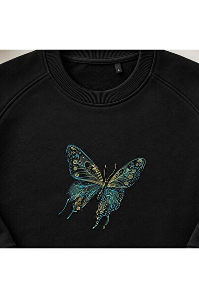 KEYFHOME Elegant Detailed Butterfly Embroidered Crew Neck Sweatshirt Unisex