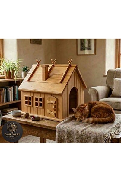 Gar Yapı Doğal Ahşap Kedi Evi – Çift Pencereli, Yuvalı,Dekoratif Kedi Kulübesi