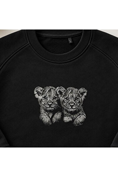 KEYFHOME Realistic Twin Lion Cubs Embroidered Crew Neck Sweatshirt Unisex