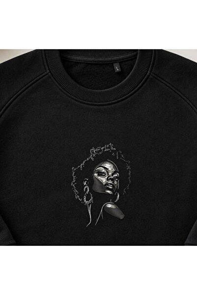 KEYFHOME Afro Woman Portrait Diva Broderie Sweatshirt cu gât rotund Unisex