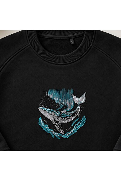 KEYFHOME Sweatshirt sa izvezenim kitom i severnim svetlima, unisex