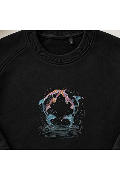 KEYFHOME Hanorac unisex cu gât rotund și broderie romantică Yin Yang Koi Fish