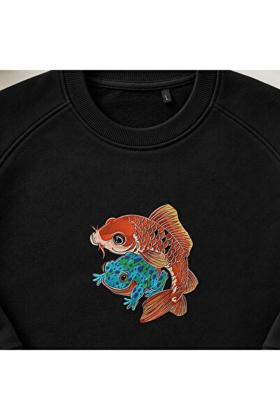 KEYFHOME Koi Fish and Frog Embroidered Crew Neck Sweatshirt Unisex