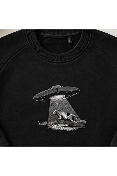 KEYFHOME Ufo Cow Abduction Funny Embroidered Crewneck Sweatshirt Unisex