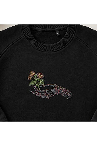 KEYFHOME Floral Skeleton Hand Embroidered Crew Neck Sweatshirt Unisex