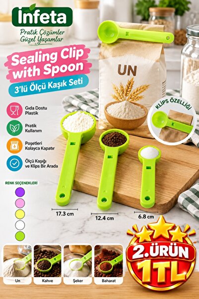 İnfeta Set de 3 linguri de măsurare din plastic și cleme pentru pungi 6,8-12,...