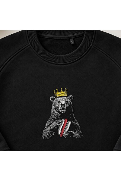 KEYFHOME Hanorac unisex cu gât rotund și broderie King Bear cu hot dog