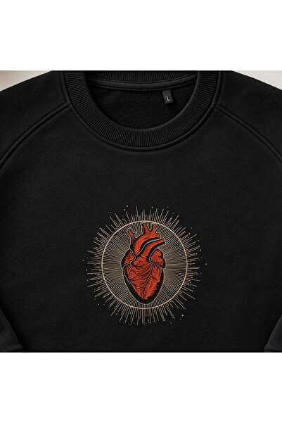 KEYFHOME Vintage Sacred Geometry Anatomical Heart Embroidered Crew Neck Sweat...