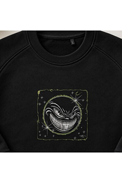 KEYFHOME Grinning Sinister Moon Face Embroidered Crew Neck Sweatshirt Unisex