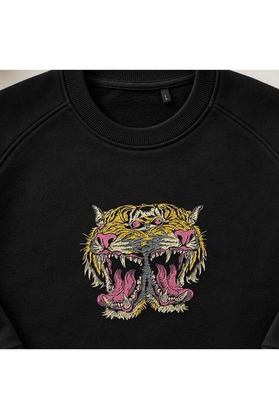 Double Headed Tiger Embroidered Crew Neck Sweatshirt Unisex