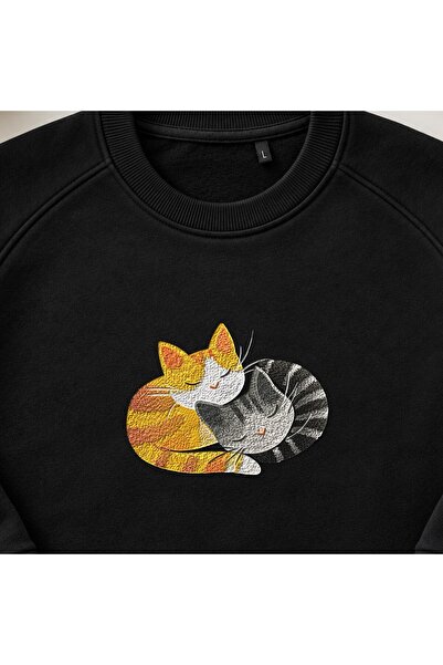 KEYFHOME Two Cats Sleeping Embracing Each Other Embroidered Crew Neck Sweatsh...