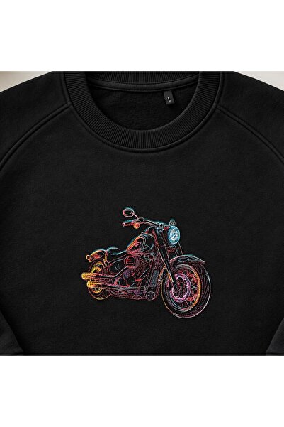 KEYFHOME Retro Colorful Motorcycle Embroidered Crew Neck Sweatshirt Unisex