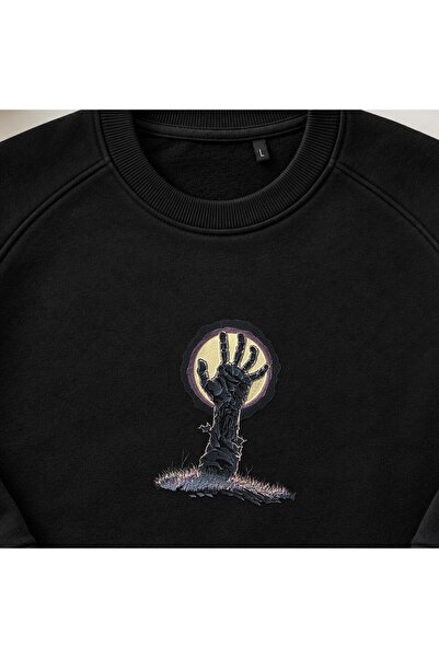 KEYFHOME Cemetery Zombie Hand Horror Embroidered Crew Neck Sweatshirt Unisex