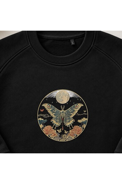 KEYFHOME Vintage Floral Mystic Moon Moth Κέντημα Μπλούζα με λαιμόκοψη Unisex