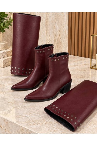 RoseVeno Women's Burgundy Matte Leather Boots with Detachable Accessories, Side Zipper, Studded Pointed Toe Boots