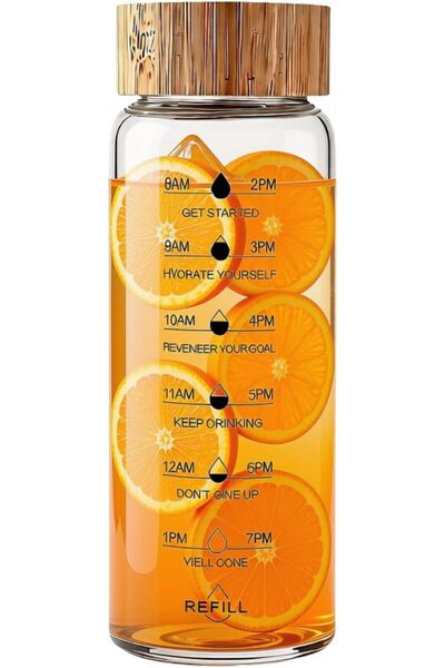 Home Zone 23.6 Oz Borosilicate Glass Water Bottle with Time Marker, Leak Proo...
