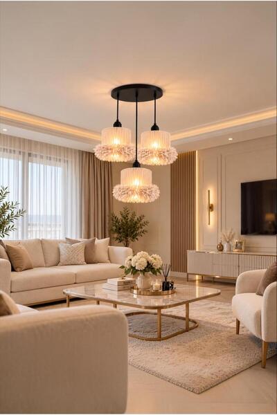 Elizim Home Lighting Alessa 3’lü Tütü Avize – Siyah Tepsili Cappuccino Tül Ba...