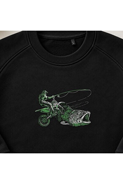 KEYFHOME Motorcyclist Fishing Embroidered Crew Neck Sweatshirt Unisex