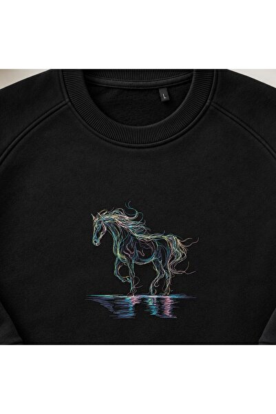 KEYFHOME Colorful Line Art Majestic Horse Embroidered Crew Neck Sweatshirt Un...