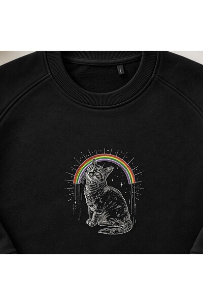 KEYFHOME Hanorac unisex cu gât de ciclism cu broderie Cosmic Rainbow Cat