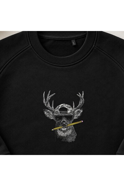 KEYFHOME Cool Hipster Deer Embroidered Crew Neck Sweatshirt Unisex