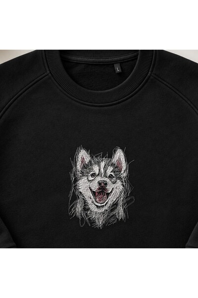 KEYFHOME Hanorac unisex cu gât de ciclism cu broderie Husky zâmbitor