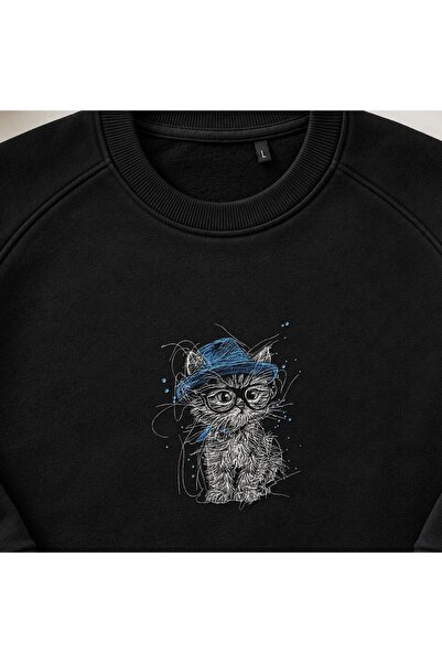 KEYFHOME Hipster Cat Embroidered Crew Neck Sweatshirt Unisex με γυαλιά