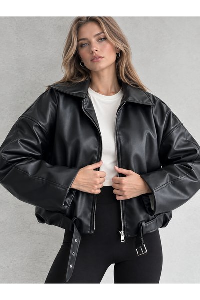 PRİFALDİ Agli̇mmer Black Women's Bomber Leather Jacket with Wool Inside and Belt Detail