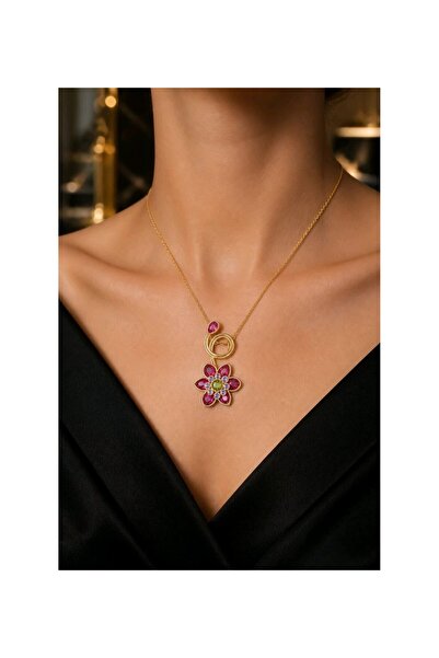 Zümrüt Gold Red Flower Necklacered Flower Necklace Ldyllia Stainless Non-Tarnish
