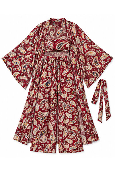 Generic Brand Pajaiem Women's 3 Piece Home Set Kimono Robe & Top & Wide Leg P...