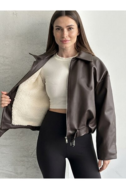 PRİFALDİ Agli̇mmer Black Women's Bomber Leather Jacket with Wool Inside and B...
