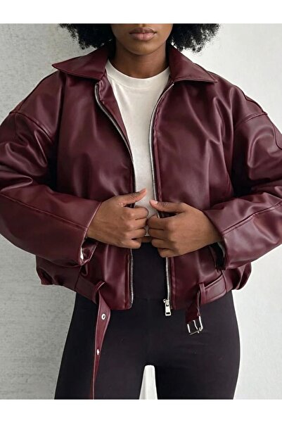 PRİFALDİ Agli̇mmer Viral Women's Bomber Claret Red Faux Leather Jacket with Wool Belt Detail