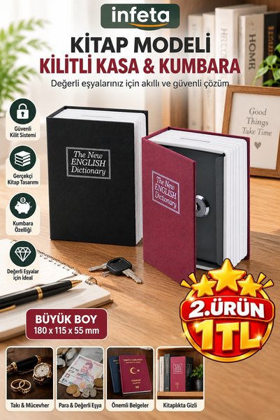 İnfeta Büyük 18x11,5x5,5 cm Kitap Görünümlü Anahtarlı Gizli Kasa Kumbara