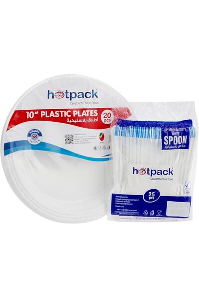 Hotpack Economy Plastic Plate White 10 inch, 20 Pieces with PP Medium Duty Wh...