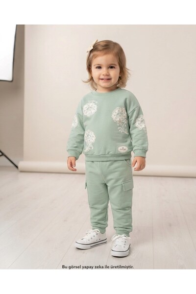Ege Bebek Girl's Floral Printed Seasonal Compact 2-Strand Tracksuit Set for A...