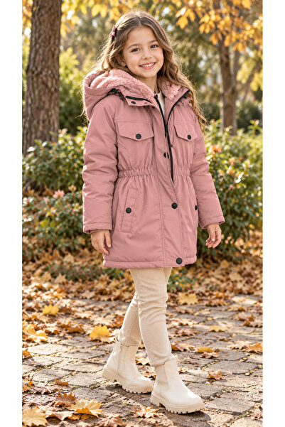 Messlife Pudra Peluş Astarlı Kapüşonlu Kız Çocuk Parka
