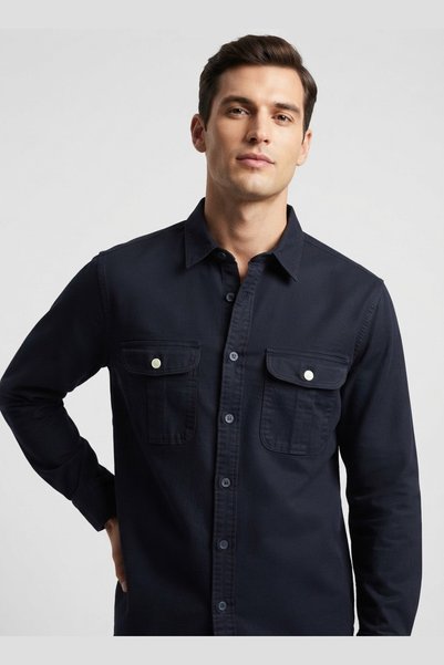 AUXOM Men's Oxford Plain Shirt - Long Sleeve - Navy Blue