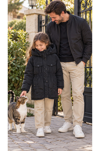 Messlife Peluş Astarlı Kapüşonlu Siyah Kız Çocuk Parka