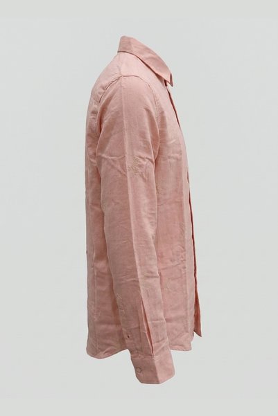 AUXOM Men's Linen Embroidered Shirt - Long Sleeve - Pink