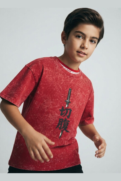 AUXOM Boys' Round Neck T-Shirt - Half Sleeve - Red