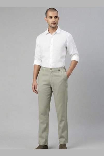 AUXOM Men's Linen Regular Fit Trousers - Light Green