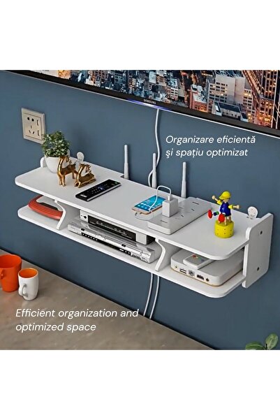 OEM Suport pentru router/receiver TV, din PVC, alb, cu 3 compartimente si etajera superioara
