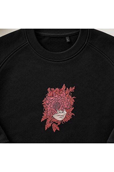 KEYFHOME Surreal Chrysanthem Face Woman Embroidered Crew Neck Sweatshirt Unisex