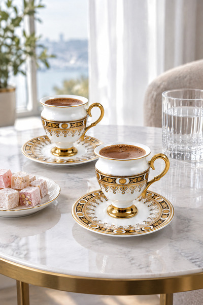 MAKRİ HOME 6 Kişilik Porselen Fincan Takımı, Siyah Altın Desenli, Altın Ayakl...
