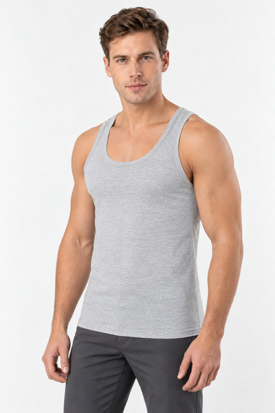 Loule Men's Cotton Combed Single Jersey Wide Strap Undershirt Single Gray Mel...