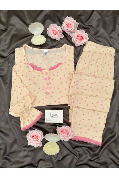 Lena Homewears Cream Pink Floral Patterned Lace Detailed Patched Long Sleeve ...
