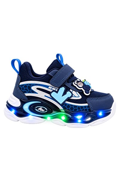 HANNA Pantofi sport cu luminite, Model Navy Style, Piele ecologica, Baieti, B...