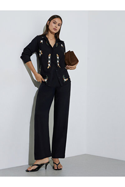 Styli Black Embroidered Shirt and Straight Leg Trousers Set