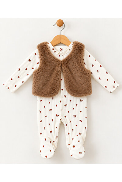 MCT Baby Wear Tüylü Yelekli Çiçek Desenli Yenidoğan Tulum Takımı