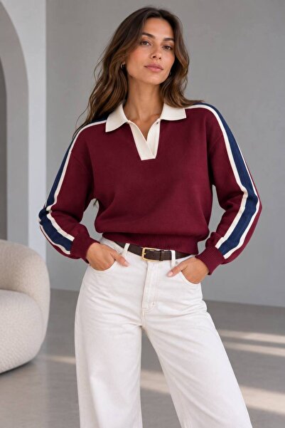 ÇEÇİM Women's Polo Collar Stripe Detailed Knit Sweater